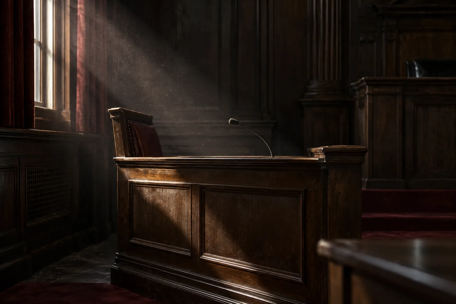 An empty wooden witness box in a courtroom, a shaft of window light falling across it.