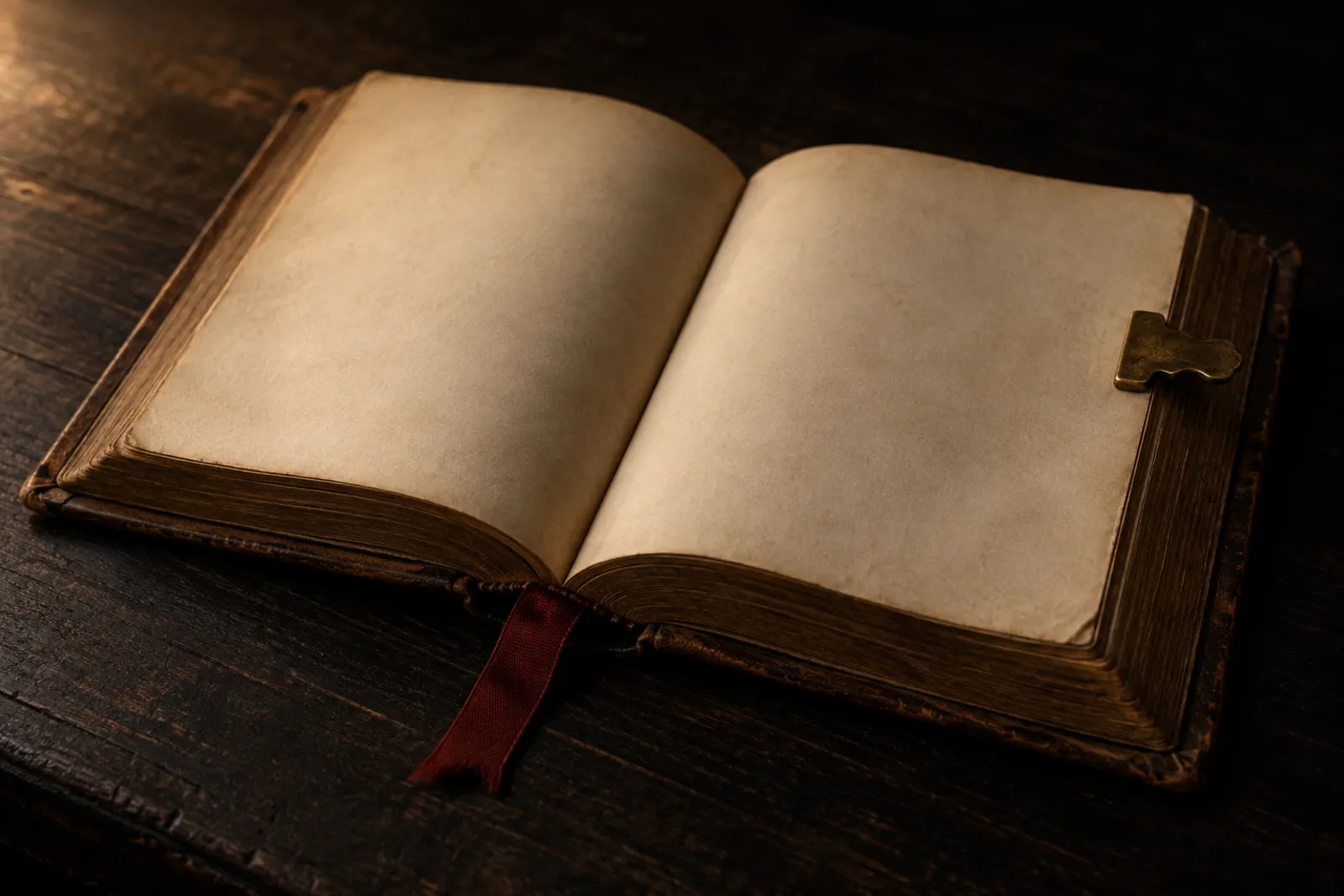 An old leather-bound reference book lying open under lamp light, a red ribbon marker.