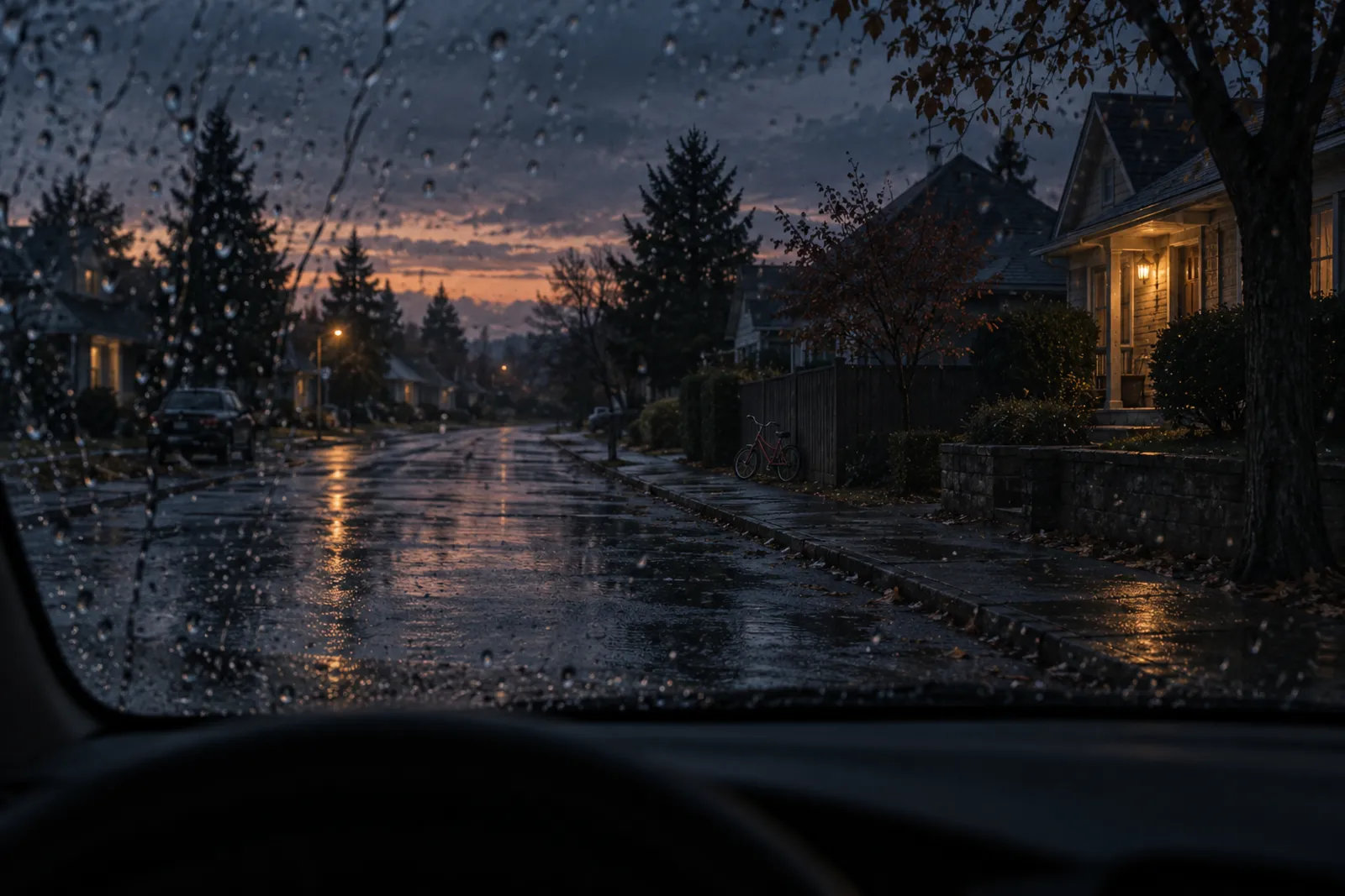 A suburban street at dusk seen through a rain-flecked windscreen, a child's bicycle against a far fence.