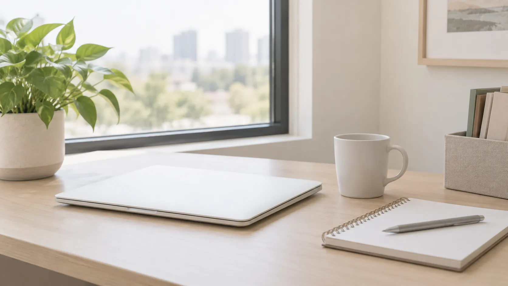 A tidy office desk by a window with a plant, a closed laptop, a mug and a notepad.