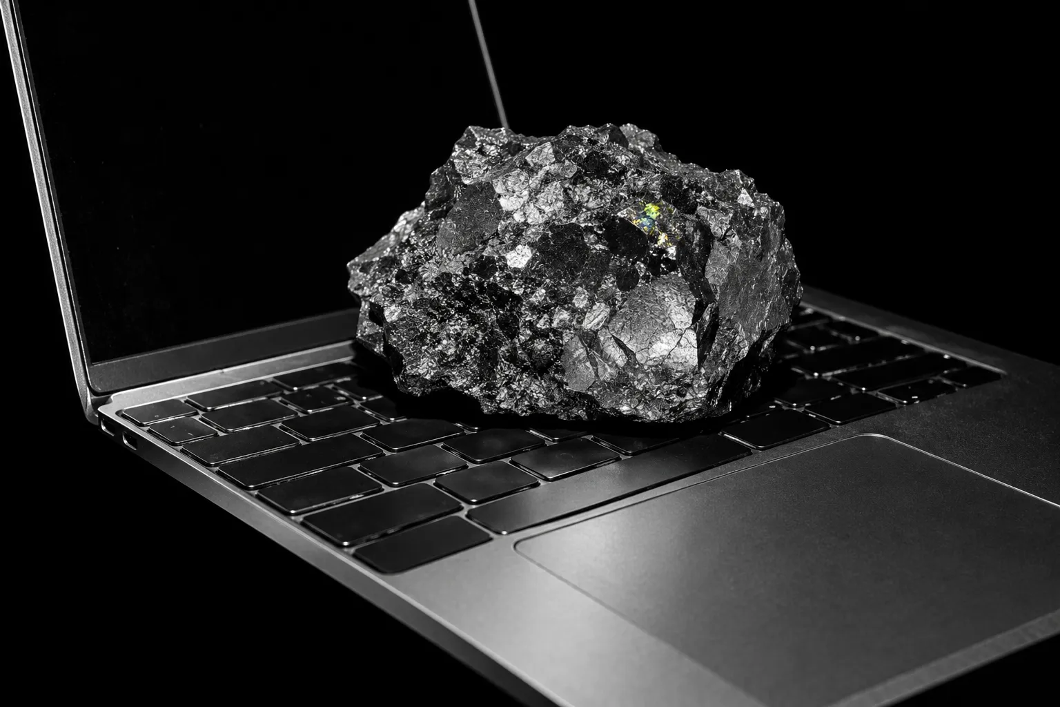 A lump of cobalt ore resting on the keyboard of an open laptop, on black.