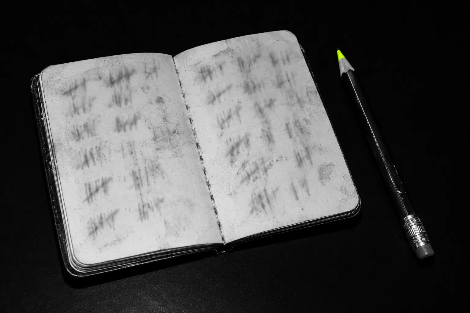 An open pocket notebook of unreadable pencil tally marks, the pencil tip yellow-green.