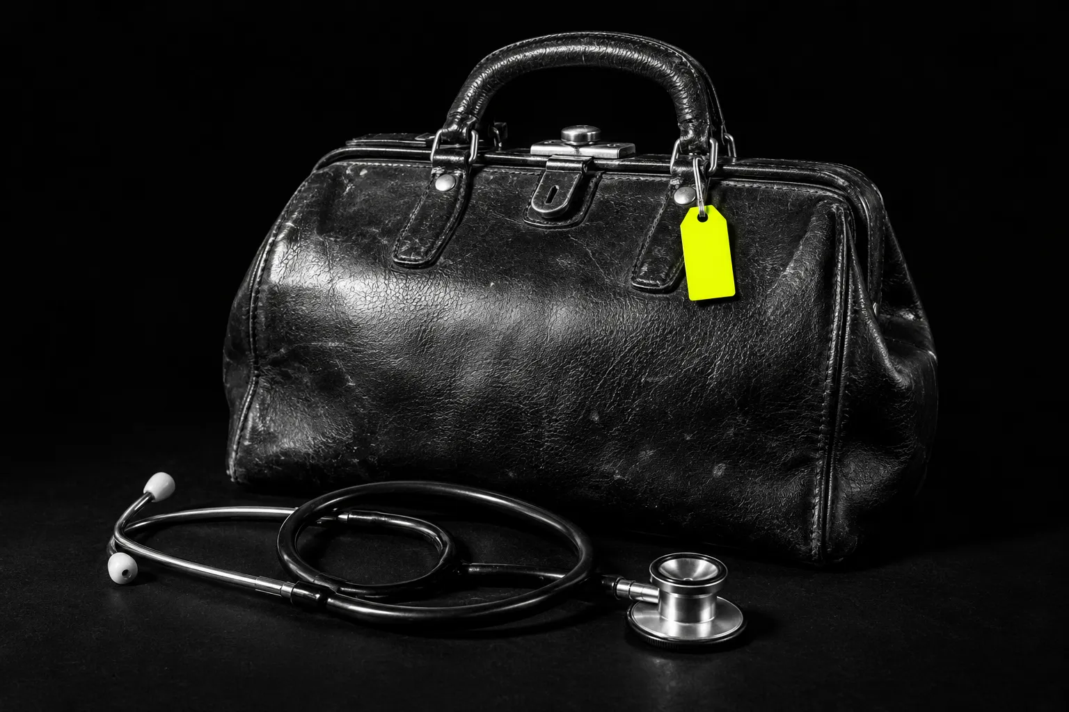 A closed black doctor's bag and a stethoscope on black, a bright yellow-green tag on the bag.