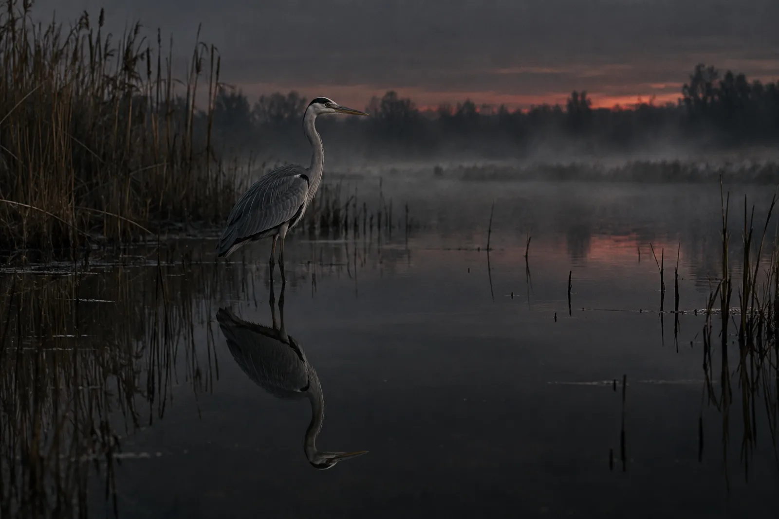 A heron standing perfectly still in black water at dawn, its reflection sharp in the mist.