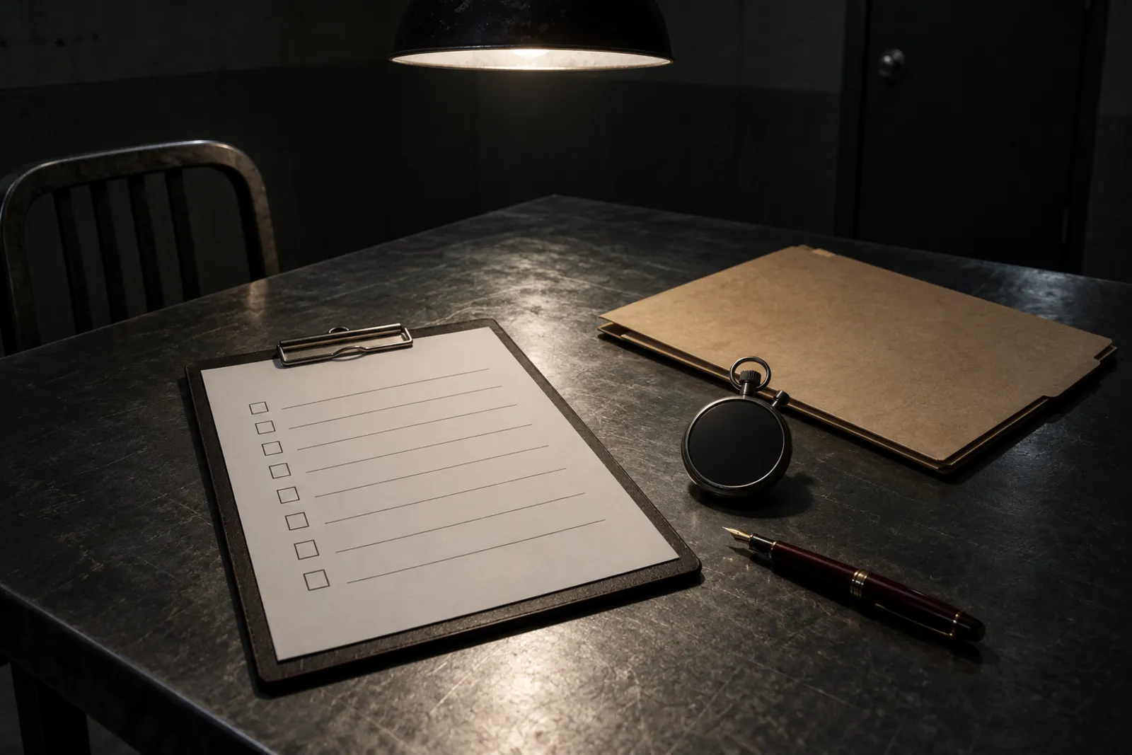 A clipboard with a blank tick-box scoring sheet, a pen and a stopwatch on a steel table in a bare interview room.