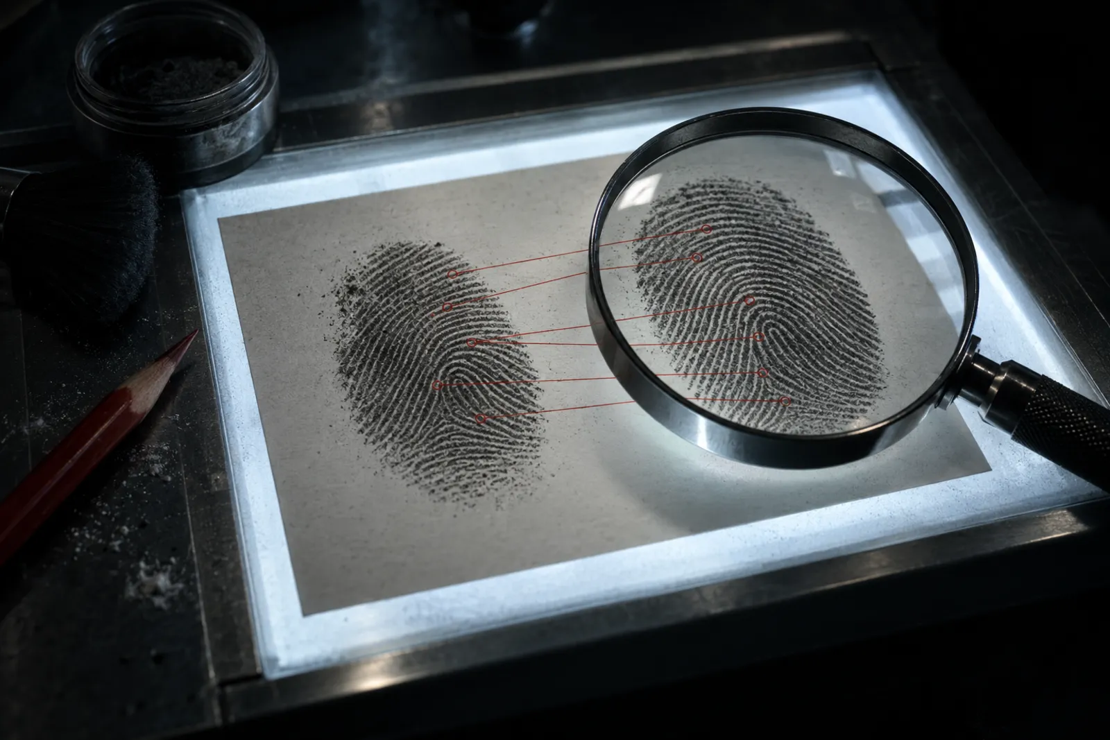 A fingerprint card on a forensic light table under a magnifier, with red comparison lines drawn between two prints.