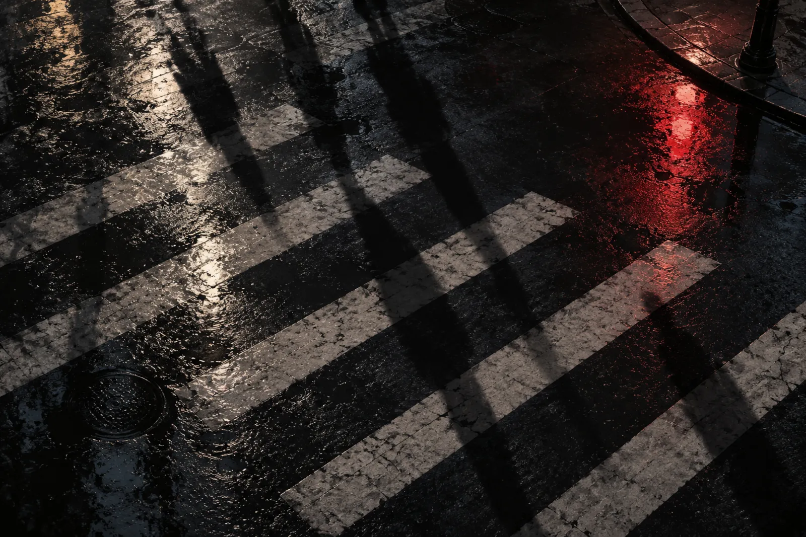 An overhead view of a wet pedestrian crossing at night, walkers visible only as long shadows.